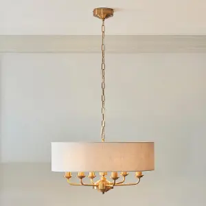 Highclere 6 Light Drum Pendant in Brass C/W Natural Shade