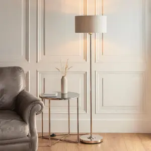 Highclere Single Floor Lamp in Brushed Chrome with Natural Shade