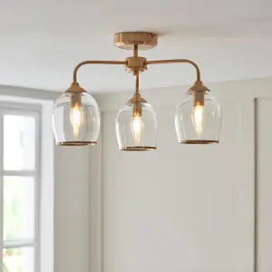Ashcroft 3 Light Brass Semi Flush Fitting with Clear Glass Shades