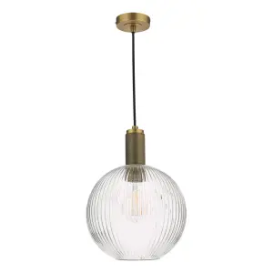 Nikolas Natural Solid Brass Pendant With Ribbed Glass Shade