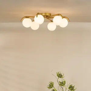 Orlena 6 Light Flush in Satin Gold & Opal Glass