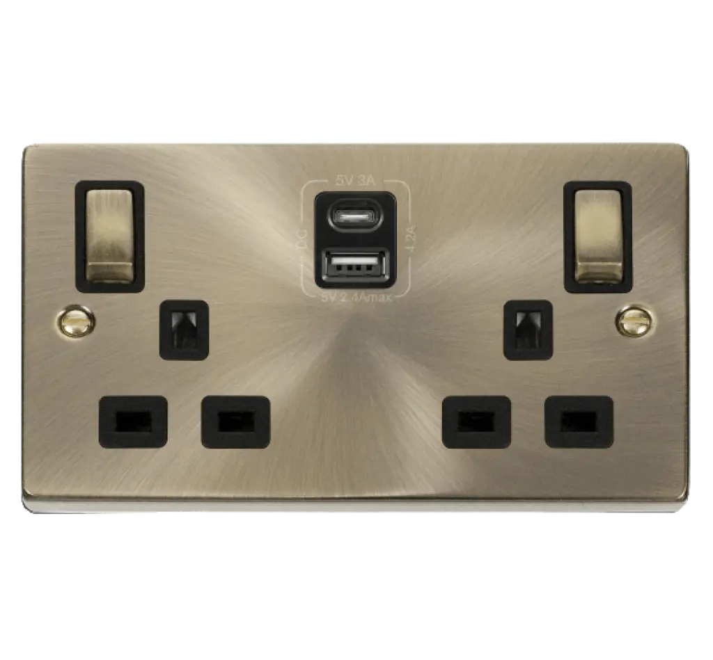 Antique Brass 2Gang Socket with Twin A&C USB