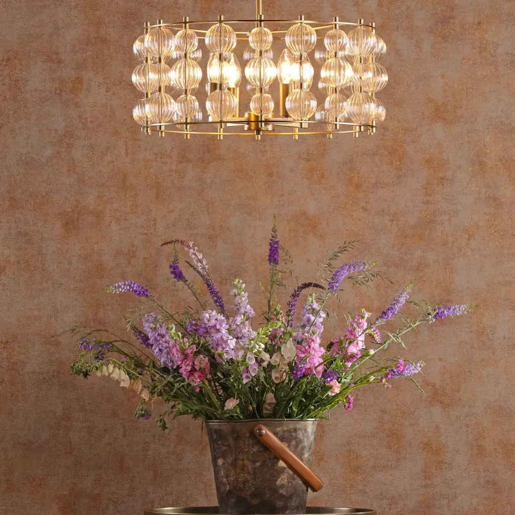 Yuridia 4 Light Satin Gold & Ribbed Glass Ceiling Pendant